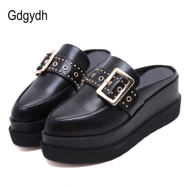 

gdgydh fashion buckle mules high heels shoes women platform wedges shoes female thick heel slip-on black punk style drop ship