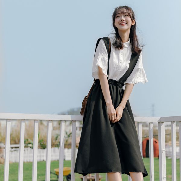 

2020 summer women vintage mori girl long suspenders straps braces skirt school girl preppy style a-line high waist pleated skirt, Black
