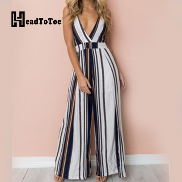 

striped print spaghetti strap wide leg rompers women jumpsuits casual sleeveless v neck summer one piece overalls, Black;white