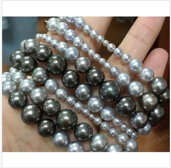 

10-12mm natural tahitian black green grey pearl necklace18 inch, Silver