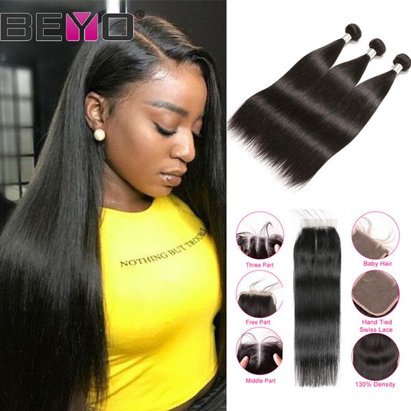 

прямые волосы пучки с закрытием бразильских волос с закрытием человеческих волос extension remy 3 пакеты с закрытием 4 шт / лот beyo, Black;brown