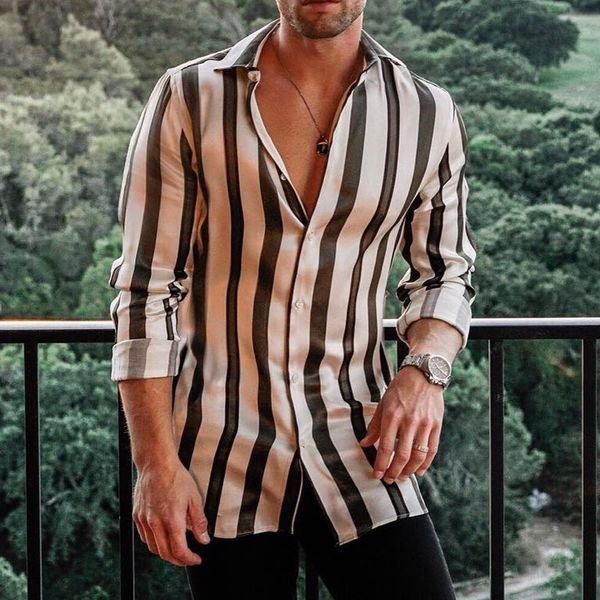 

camisa hombre Men Shirt Summer Stripe Long Sleeve Printed Painting Large Size Casual Top Blouse Shirts Dress Shirt For Mens