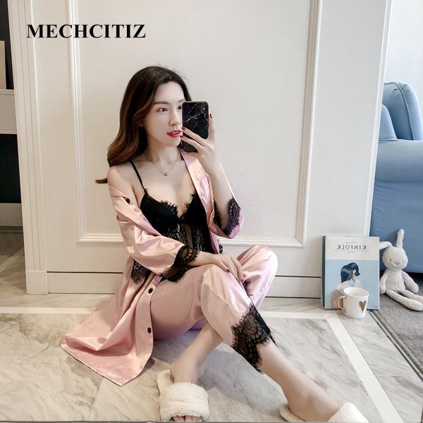 

mechcitiz silk pajamas for women winter coat and pants 3 pieces pijamas set lace satin home suit plus size pyjamas sleepwear, Blue;gray