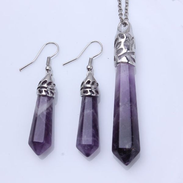 

wholesale 5 pcs silver plated hexagon prism amethyst stone pendant link chain necklace drop earrings fashion jewelry sets