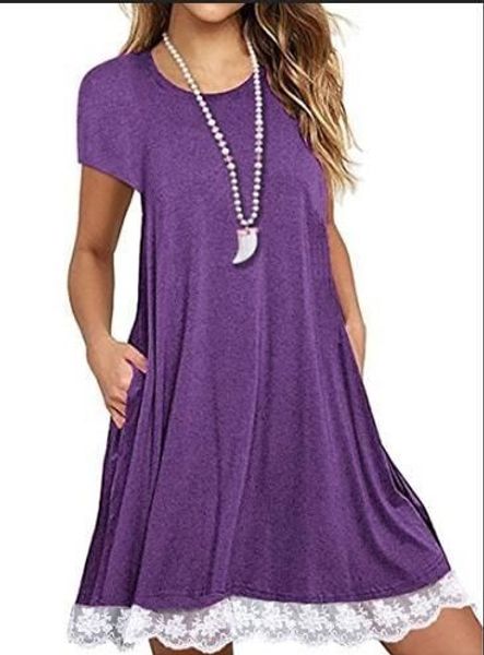 

2018 lace joint short sleeve crew neck long-sleeved pullover big hemline dress, Black;gray