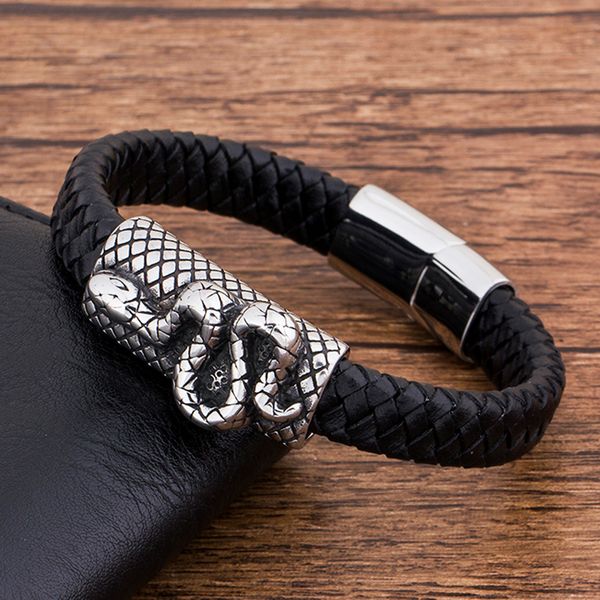 

charm black genuine leather punk rock rope animal snake bracelet men jewelry magnetic stainless steel braided accessories, Golden;silver