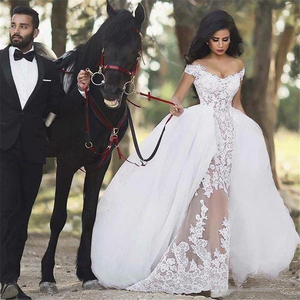 

elegant arabic women overskirts wedding dress 2021 lace appliques off shoulder white bridal gowns long bride dresses vestidos de novia