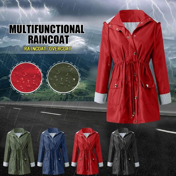 

women's trench coats jaycosin women solid rain jacket outdoor plus size waterproof hooded long sleeve raincoat windproof clothes female, Tan;black