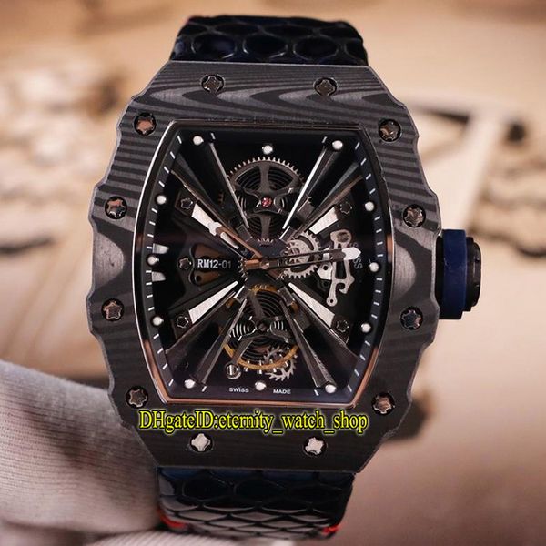 

version rm 12-01 ntpt carbon fiber case skeleton dial rm12-01 miyota automatic mens watch serpentine leather band strap designer watches, Slivery;brown