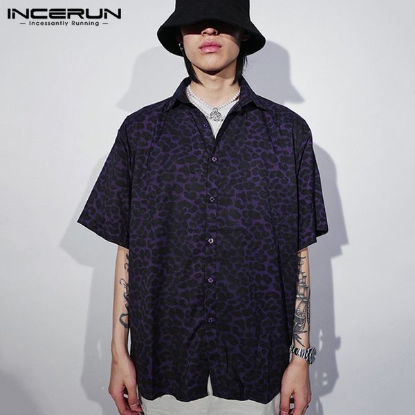 

new fashion leopard print shirt men short sleeve casual streetwear blouse lapel button summer loose camisas hombre 2020 incerun, White;black