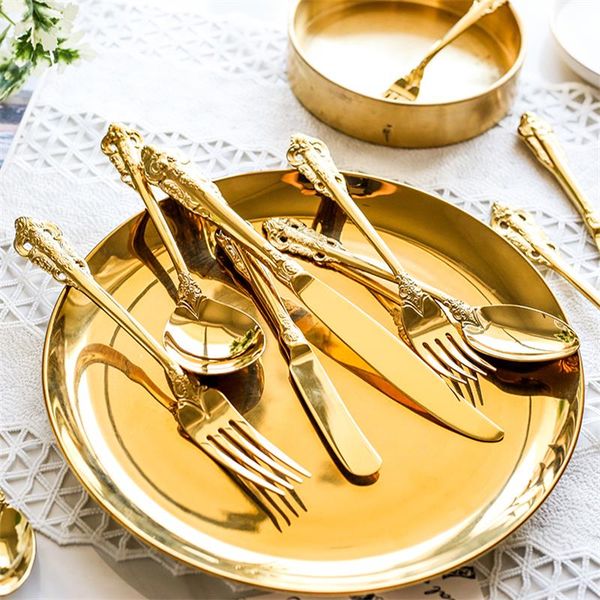 

1pc luxury golden dinner set vintage western gold plated cutlery stainless steel knife fork set silver dinnerware kitchen flatwe