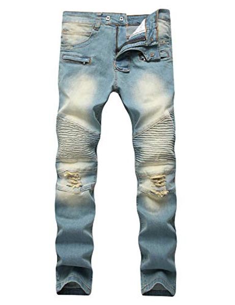 

enrica men's runway ripped distressed skinny moto biker jeans, Blue