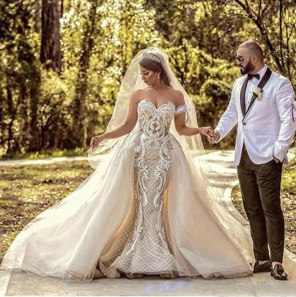 

2020 mermaid wedding dresses with detachable skirt sweetheart appliqued long bridal gowns plus size overskirts wedding dress robes de mariée