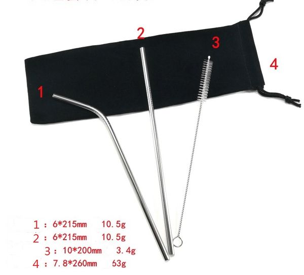 

eco friendly reusable straw 304 stainless steel straw metal smoothies drinking straws set with brush & bag wholesale