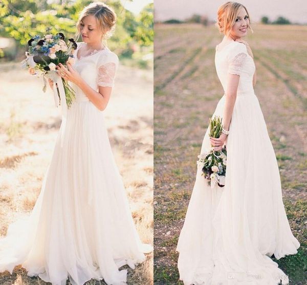 

2019 Gorgeous Country Lace Wedding Dresses Cap Sleeves V-neck Bohemian Cheap Wedding Bridal Gowns Sweep Train Vesitos De Novia