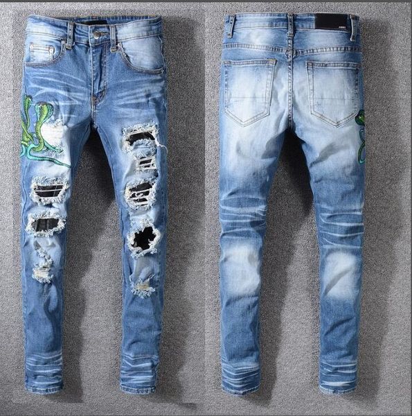 

New italy tyle men 039 nake embroidery di tre ed patche leather neak pant kinny blue jean lim trou er amiri embroidered nake j