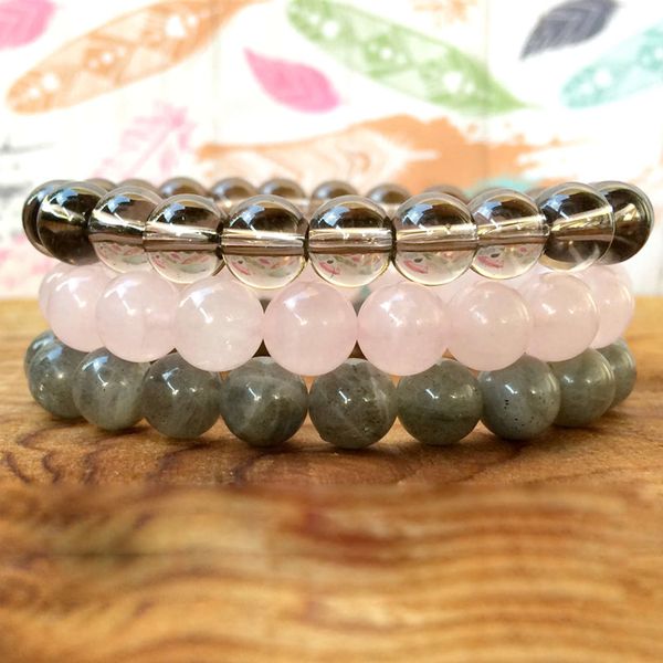 

wholesale natural gem stones bracelet for women total zen stack bracelet 8 mm labradorite smoky quart z energy, Golden;silver