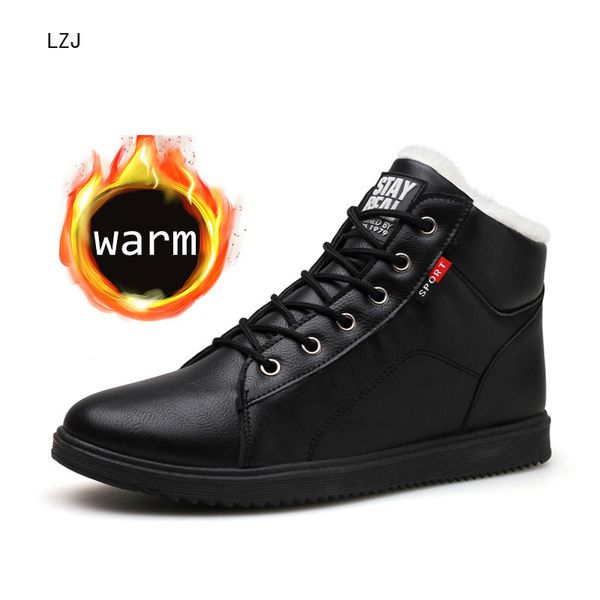 

lzj 2019 autumn winter leather ankle snow men boots shoes with fur plush warm male casual boot sneakers zapatos de hombre, Black