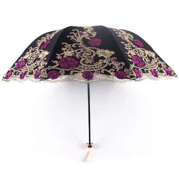 

uv three-folding sunny female luxury lace double-layer embroidery umbrella rain woman new black rubber anti-uv umbrellas z516