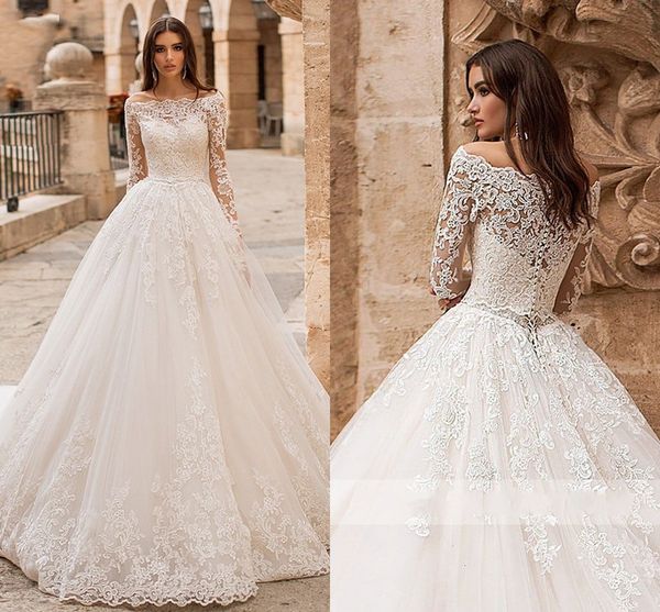 

2020 gorgeous long sleeves berta wedding dresses empire waist off the shoulder luxury lace applique royal train vestidos de novia bridal, White