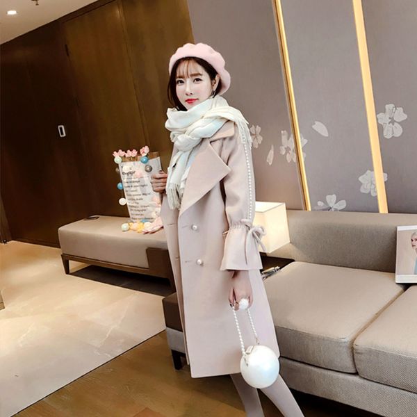 

winter korean overcoat women 2019 fashion woolen blend coats women turn-down double breasted pearls flare sleeve overcoat, Black