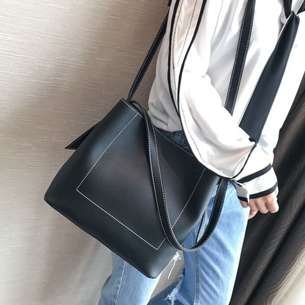 

women solid tote bag vintage pu leather shoulder bag casual bucket tote handbag solid women crossbody