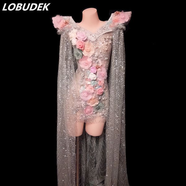 

luxury women singer concert performance costume silver glitter flower transparent tailing dress models catwalk long dress, Black;red