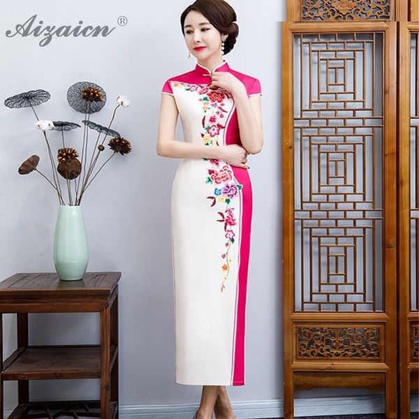 

oriental style printing long cheongsam modern elegant slim qi pao women chinese traditional dress qipao red white split robe