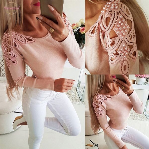 

fashion bling beading hollow blouse casual winter ladies slim bottom female women long sleeve shirt blusas pullover, White
