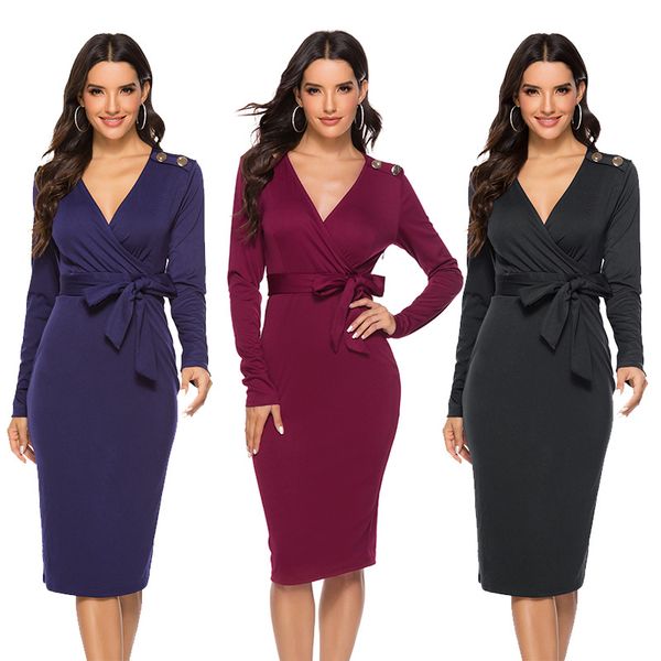 

women long sleeves decorate buttons v neck long sleeves solid color casual ol club party belted knee length dress, White;black