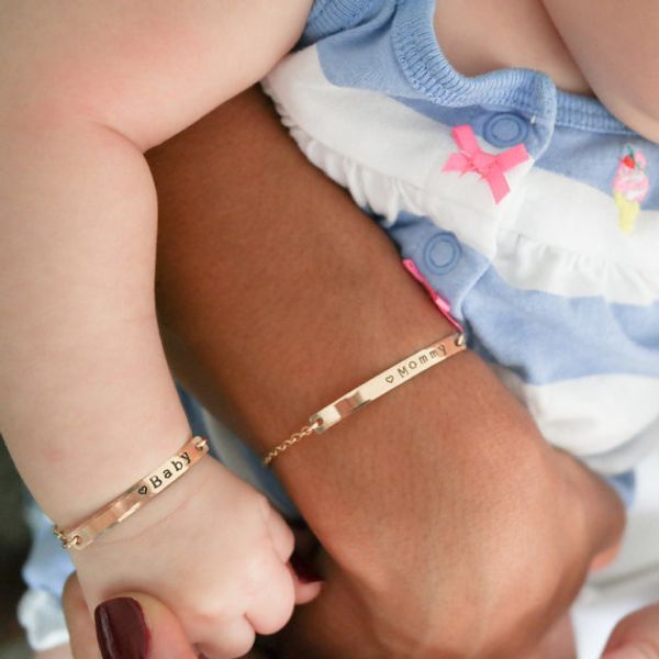 

custom personalized baby bracelet - hand stamped mom daughter/son bar bracelet- rose gold/silver /gold baby cuff bracelet gifts, Golden;silver