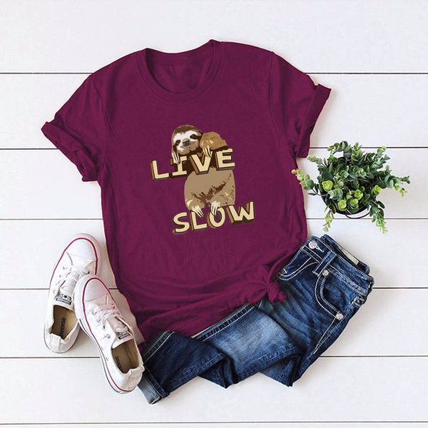 

plus size 5xl women tshirt live slow sloth t-shirts summer cotton o neck short sleeve tee new female casual shirts harajuku, White