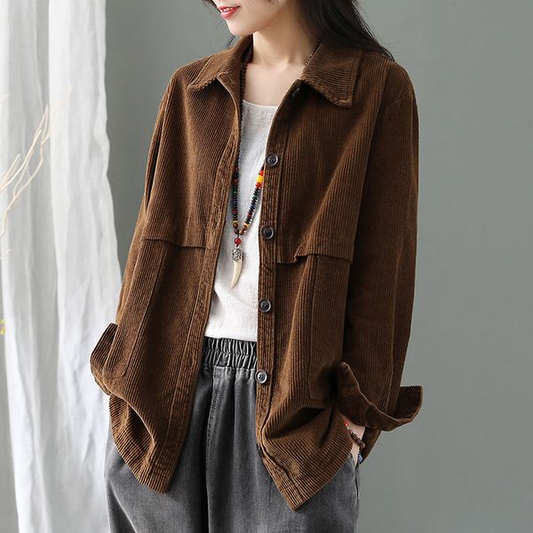 

new 2019 autumn korea fashion women long sleeve corduroy coats loose casual turn-down collar retro cardigan jackets d408, Black;brown