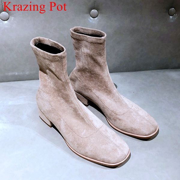 

new arrivals comfortable flock solid concise med heels elegant slip on ankle boots dress party dating keep warm winter shoes l15, Black