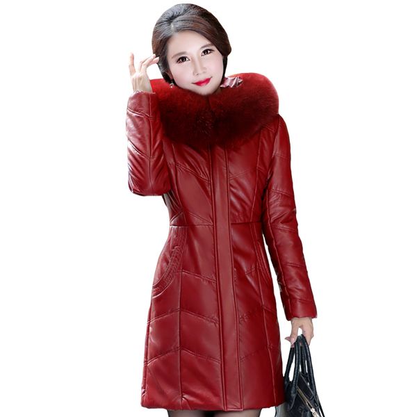 

autumn winter women leather jacket hooded fur collar plus size 8xl thick warm parka pu leather overcoat long coat, Black