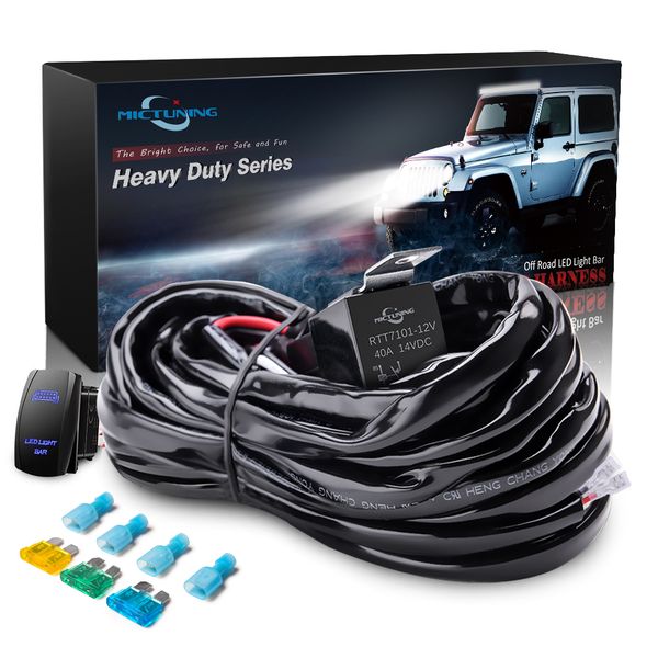 

mictuning 14awg 300w wiring harness 40 amp led light bar wire harness fuse relay on-off rocker switch blue 1 lead 2 lead
