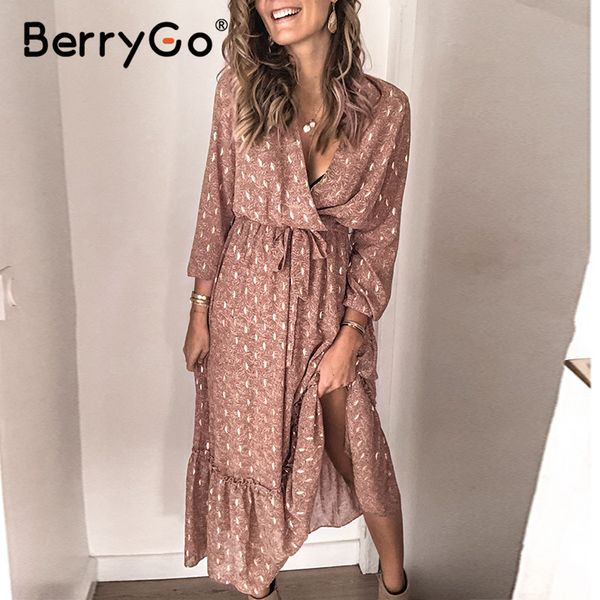 

berrygo v-neck print spring summer dress women elegant long sleeve pleated office work dress a-line ladies long dress vestidos, Black;gray