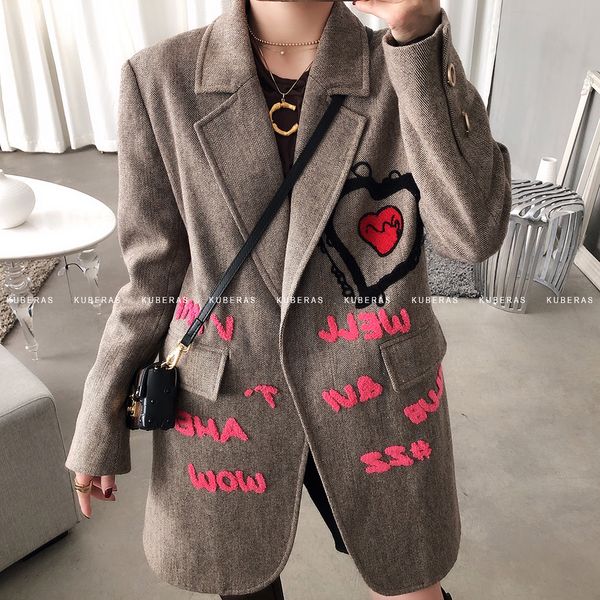 

letter embroidary women wool blazer korean new winter women runway coat vintage casual blazers and jackets, White;black