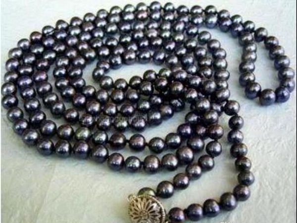 

7-8mm genuine black akoya cultured pearl hand knotted necklace 50", Silver