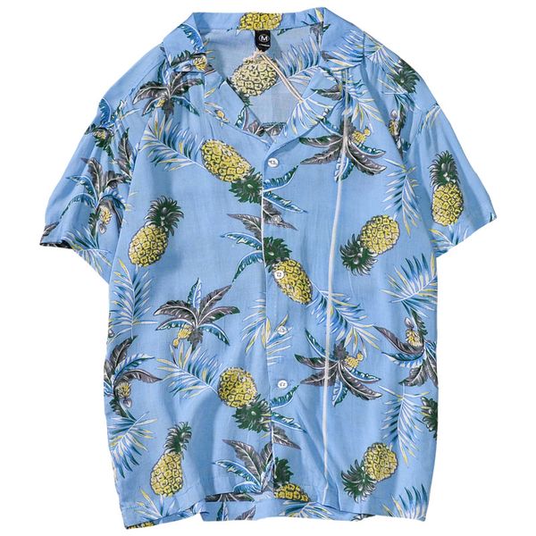 

male summer casual short sleeve hawaii shirts for men beach vacation loose blouse lapel button mens fruit print travel shirt, White;black