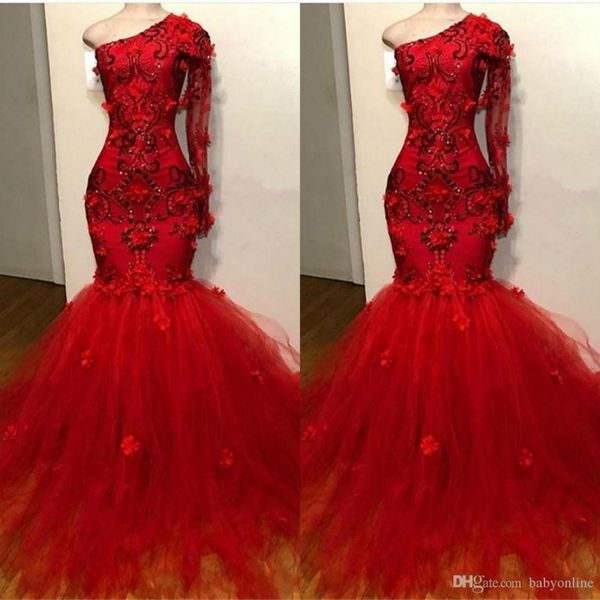 

2020 vintage red one-shoulder tulle prom gown luxury sparkly elegant 3d floral long-sleeves appliques mermaid prom evening dresses, Black
