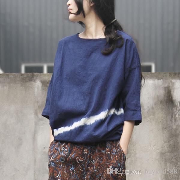 

women summer cotton linen loose summer tie-dye casual women blouse casual daily loose printed t-shirt, White