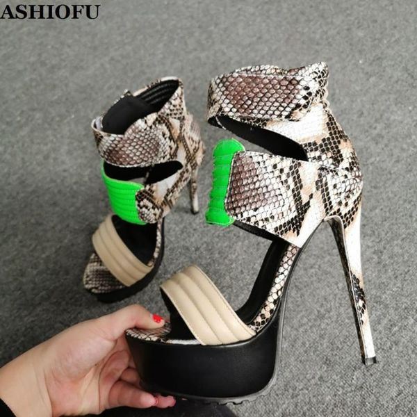 

ashiofu новое поступление женские босоножки на высоком каблуке искусственная змеиная кожа сексуальная клубная летняя обувь реальные фотограф, Black