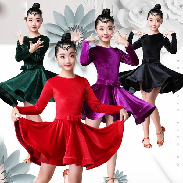 

4 colors dress dance latin for girls children long-sleeved velvet competition dresses salsa ballroom performance outfit dl3136, Black;red
