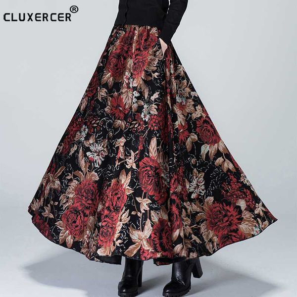 

высокое качество шерсти длинные юбки 2019 осень зима женщин юбки старинные ретро печати цветок высокой талией a-линии длинные maxi, Black