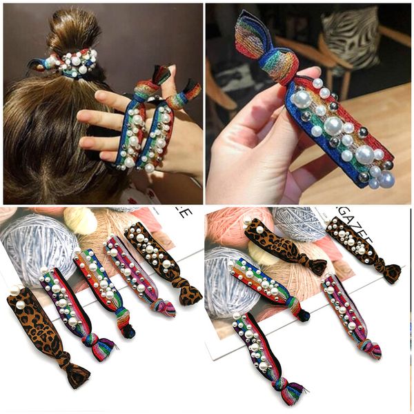 

1pcs new women wide rubber band pearl leopard print ponytail accessories girls hair ring headwear hair rope female scrunchie