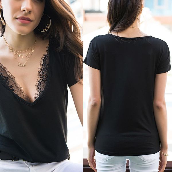 

summer casual black t shirt women lace patchwork t shirt v-neck short sleeve solid color t-shirt slim women, White