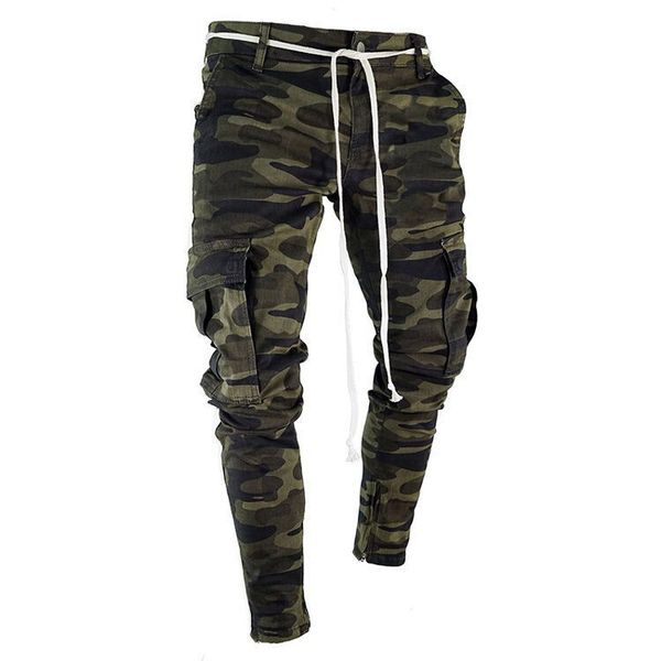 

mens конструктора камуфляж карандаш джинсы мода большой карманы полосатый zipper joggers тонкий mens вскользь жан штаны, Black