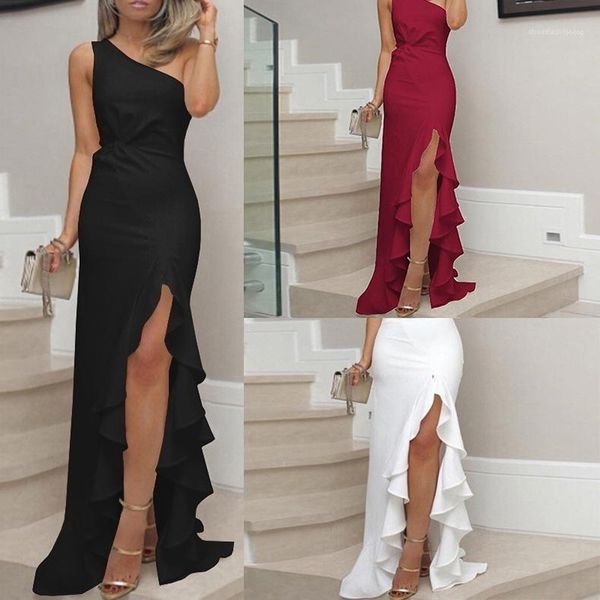 

one shoulder split ruffle party dresses solid color luxury ladies designer dresses plus size graceful evening dresses women, White;black