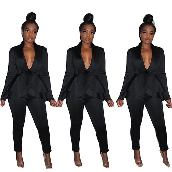 

дизайнерские сексуальные костюмы для женщин 2019 горячей продажи сплошной цвет два штана роскошные рюшами многоуровневая одежда женская v-об, White